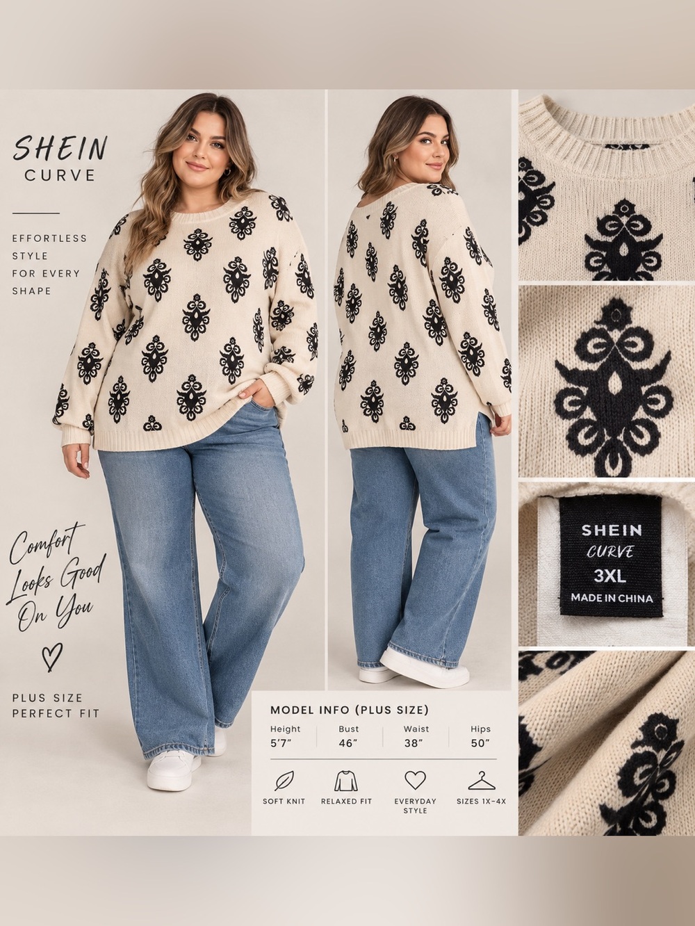 SHEIN Curve 3XL Cream & black floral print sweater lightweight. Vintage vibes